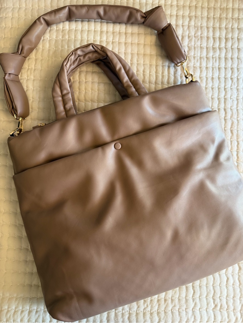 A New Day Taupe Puffer Tote Handbag Shoulder Bag Lightweight Travel Laptop Work - Picture 9 of 10